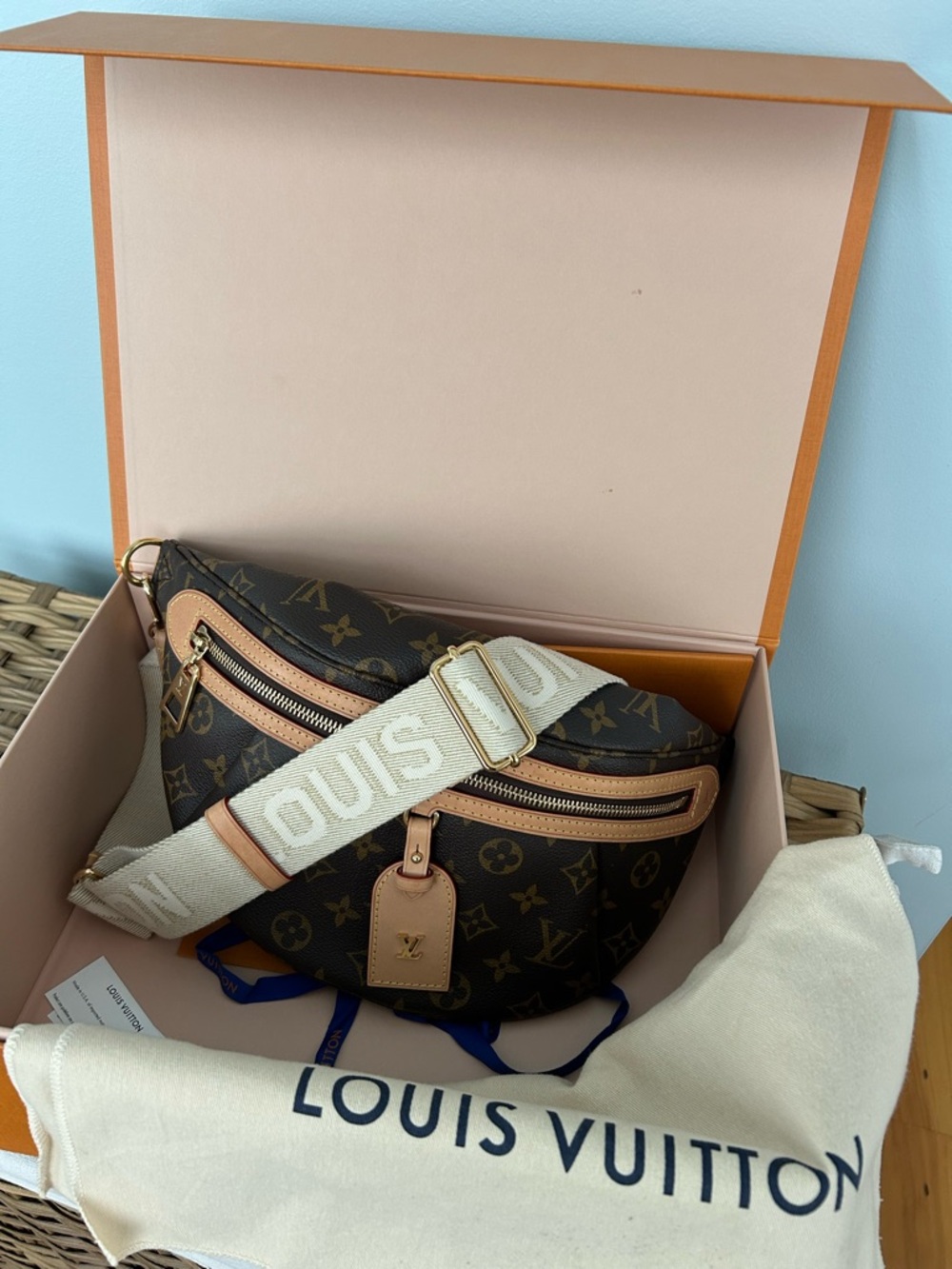 LOUIS VUITTON | High Rise Monogram Crossbody Bumbag with Ivory Branded Strap